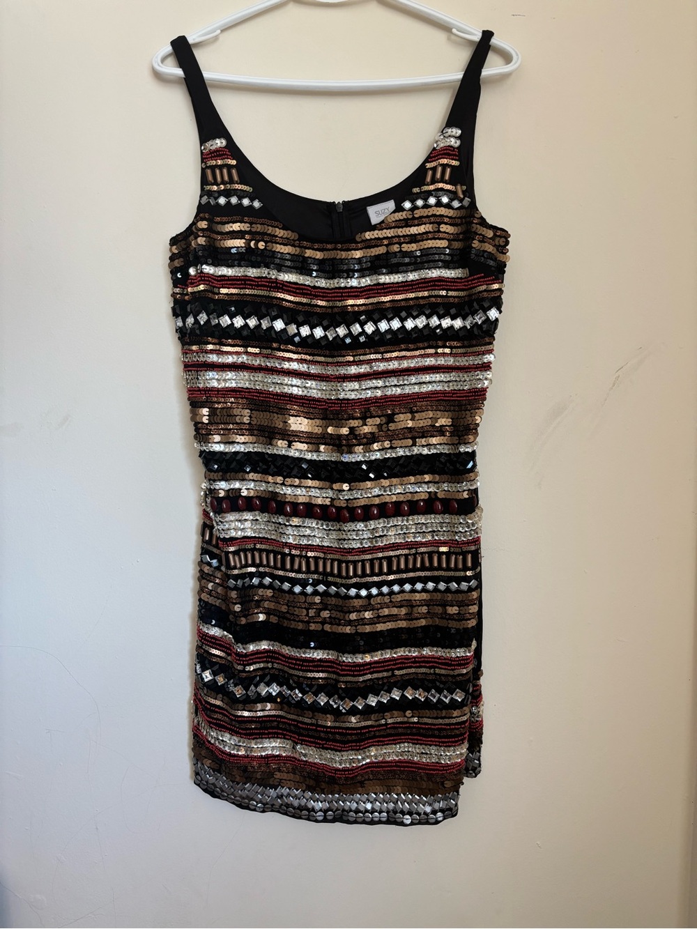 Suzy Shier Black Sequin Beaded Embellished Mini Dress Size M